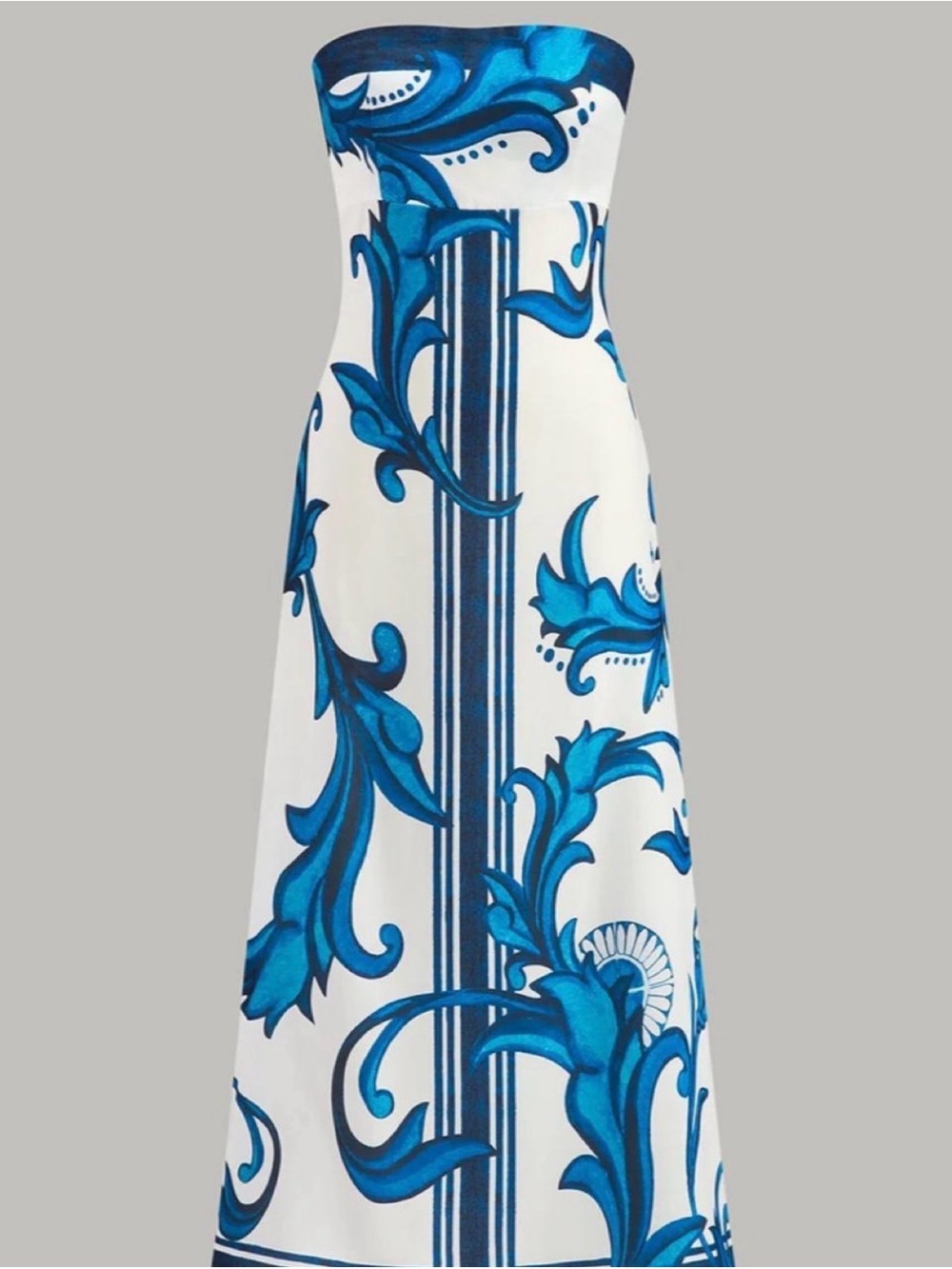 Commense White Strapless Maxi Dress with Blue Scroll Print